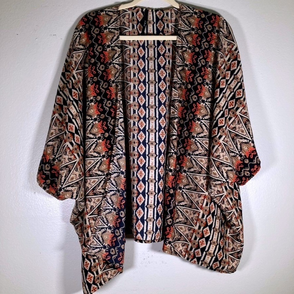 B Sharp Womens M Geometric Southwestern Print Kimono Cardigan Navy Orange Medium